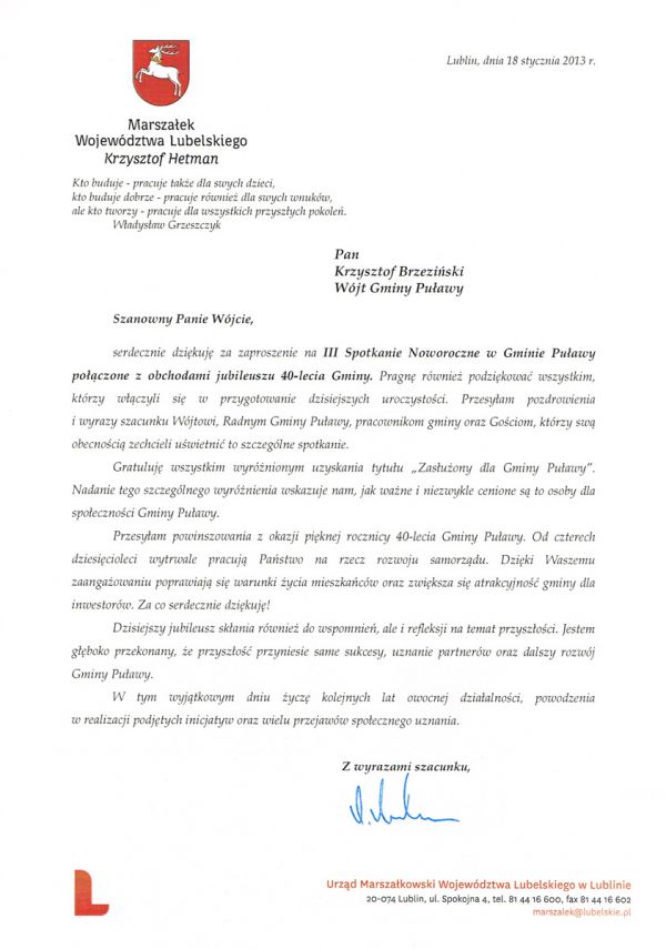 Jubileusz Gminy Puławy - List Gratulacyjny Marszałka Województwa