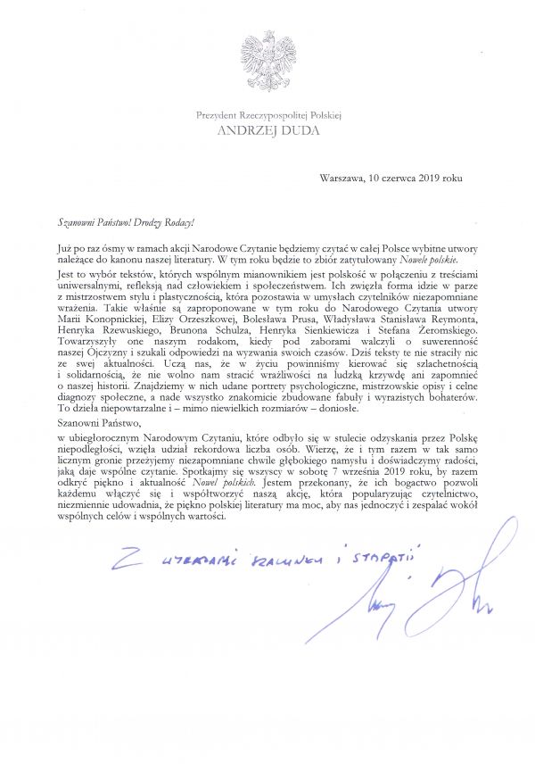 List Prezydenta Rzeczypospolitej Polskiej Andrzeja Dudy zachęcający do udziału w akcji Narodowe Czytanie